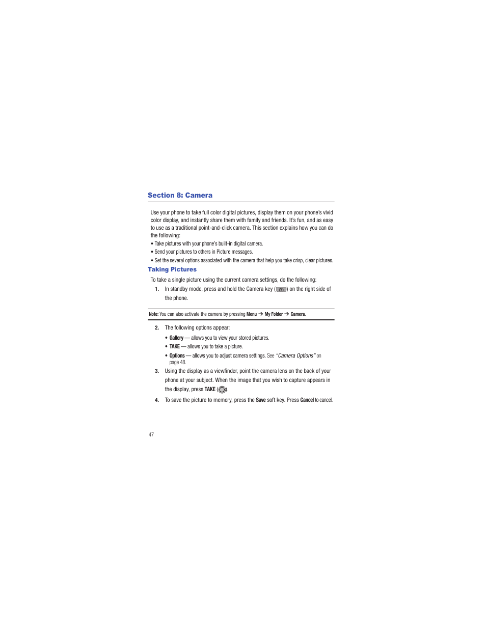 Section 8: camera, Taking pictures | Samsung SCH-R335MSATRF User Manual | Page 56 / 108