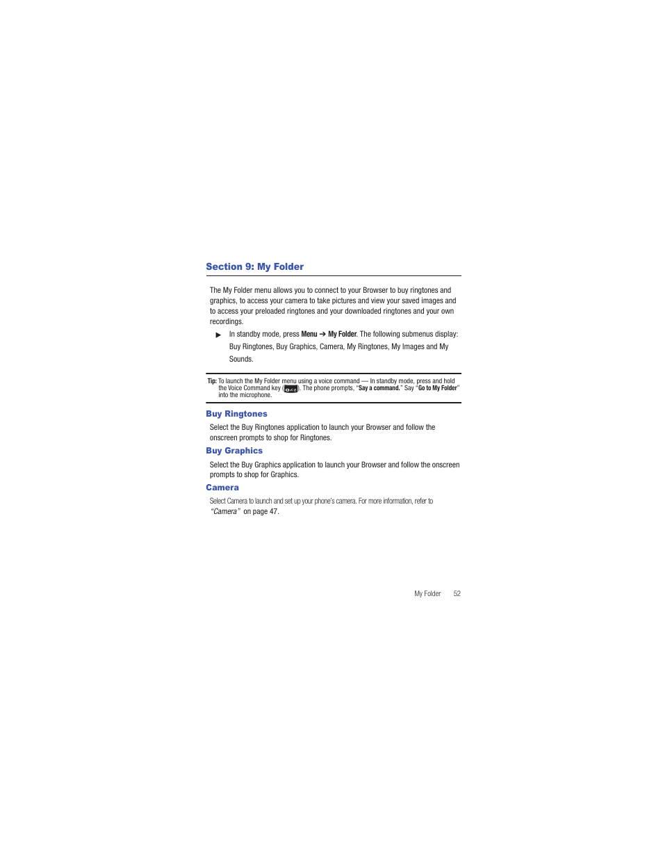 Section 9: my folder, Buy ringtones, Buy graphics | Camera, Buy ringtones buy graphics camera | Samsung SCH-R335MSATRF User Manual | Page 61 / 108