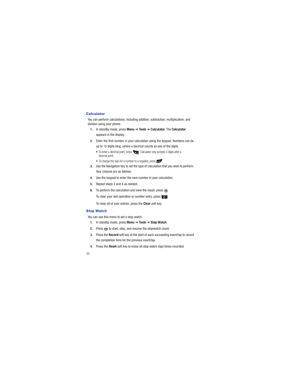 Calculator, Stop watch, Calculator stop watch | Samsung SCH-R335MSATRF User Manual | Page 74 / 108