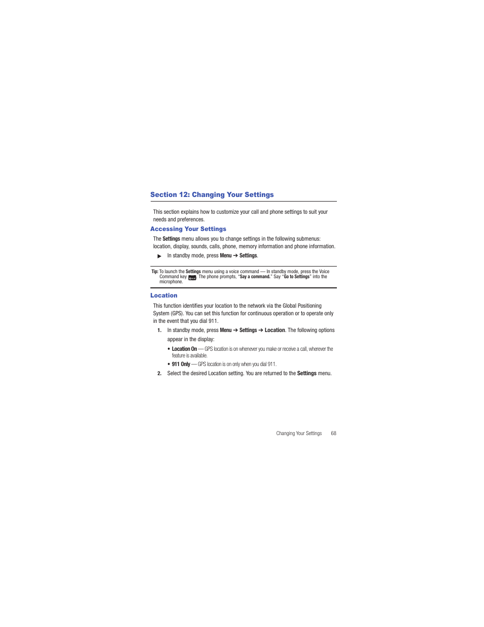Section 12: changing your settings, Accessing your settings, Location | Accessing your settings location | Samsung SCH-R335MSATRF User Manual | Page 77 / 108