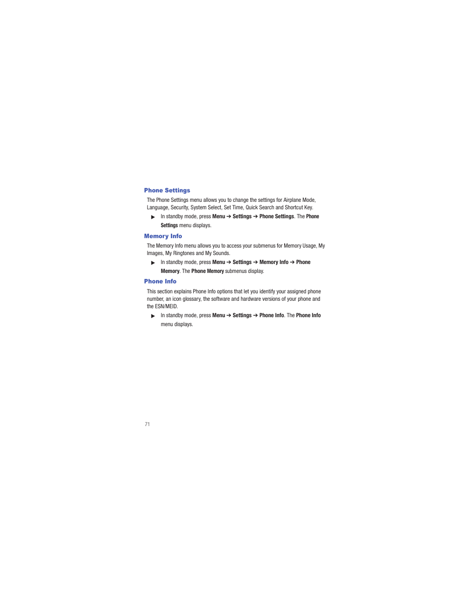 Phone settings, Memory info, Phone info | Phone settings memory info phone info | Samsung SCH-R335MSATRF User Manual | Page 80 / 108