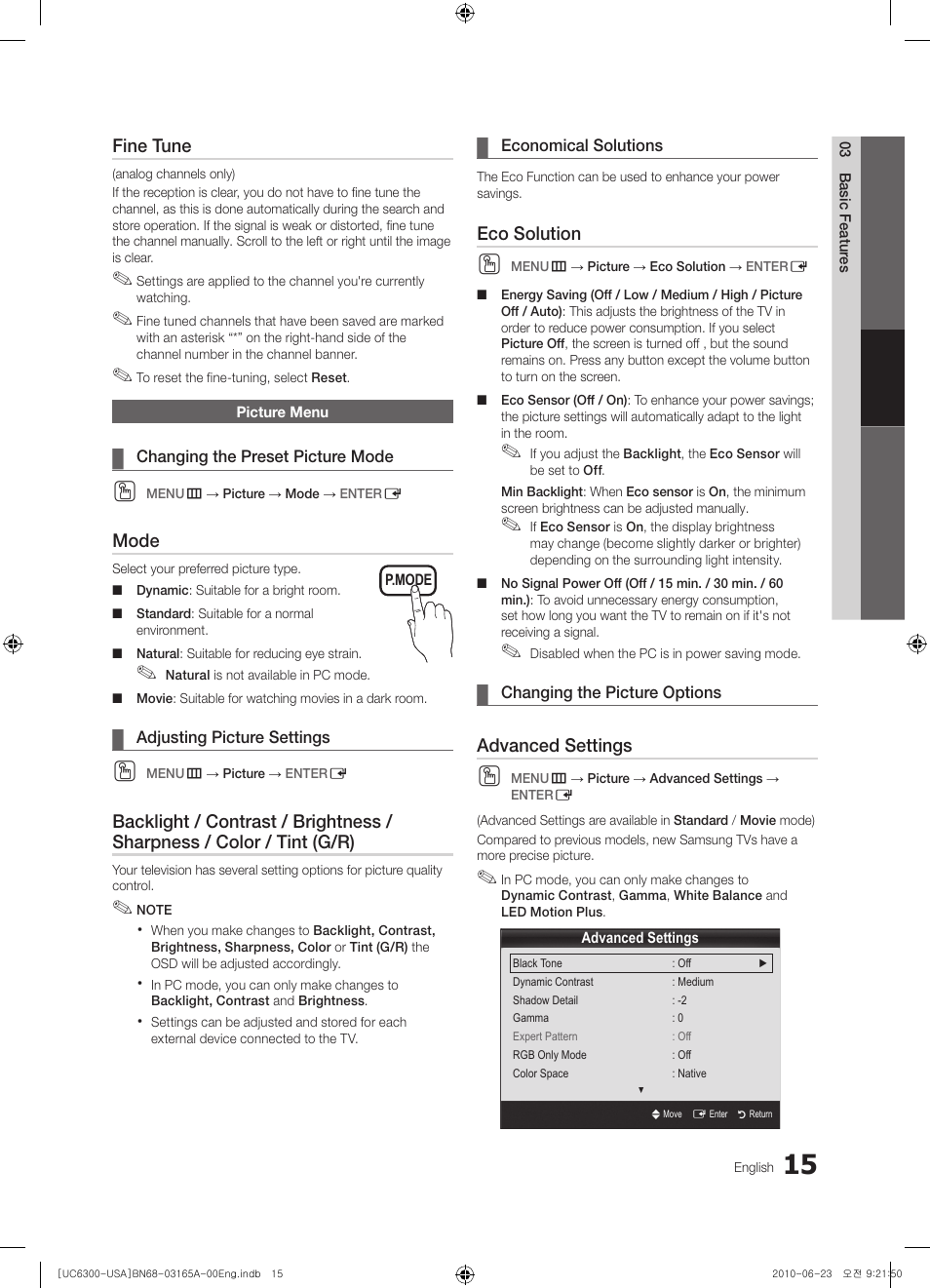 Picture menu, Changing the preset picture mode, Adjusting picture settings | Economical solutions, Changing the picture options | Samsung UN55C6300SFXZA User Manual | Page 15 / 54