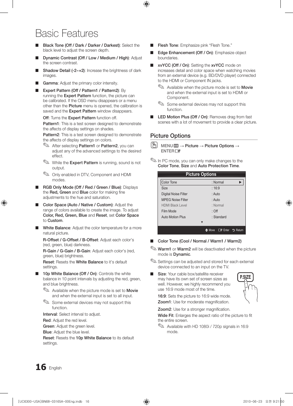 Basic features, Picture options | Samsung UN55C6300SFXZA User Manual | Page 16 / 54