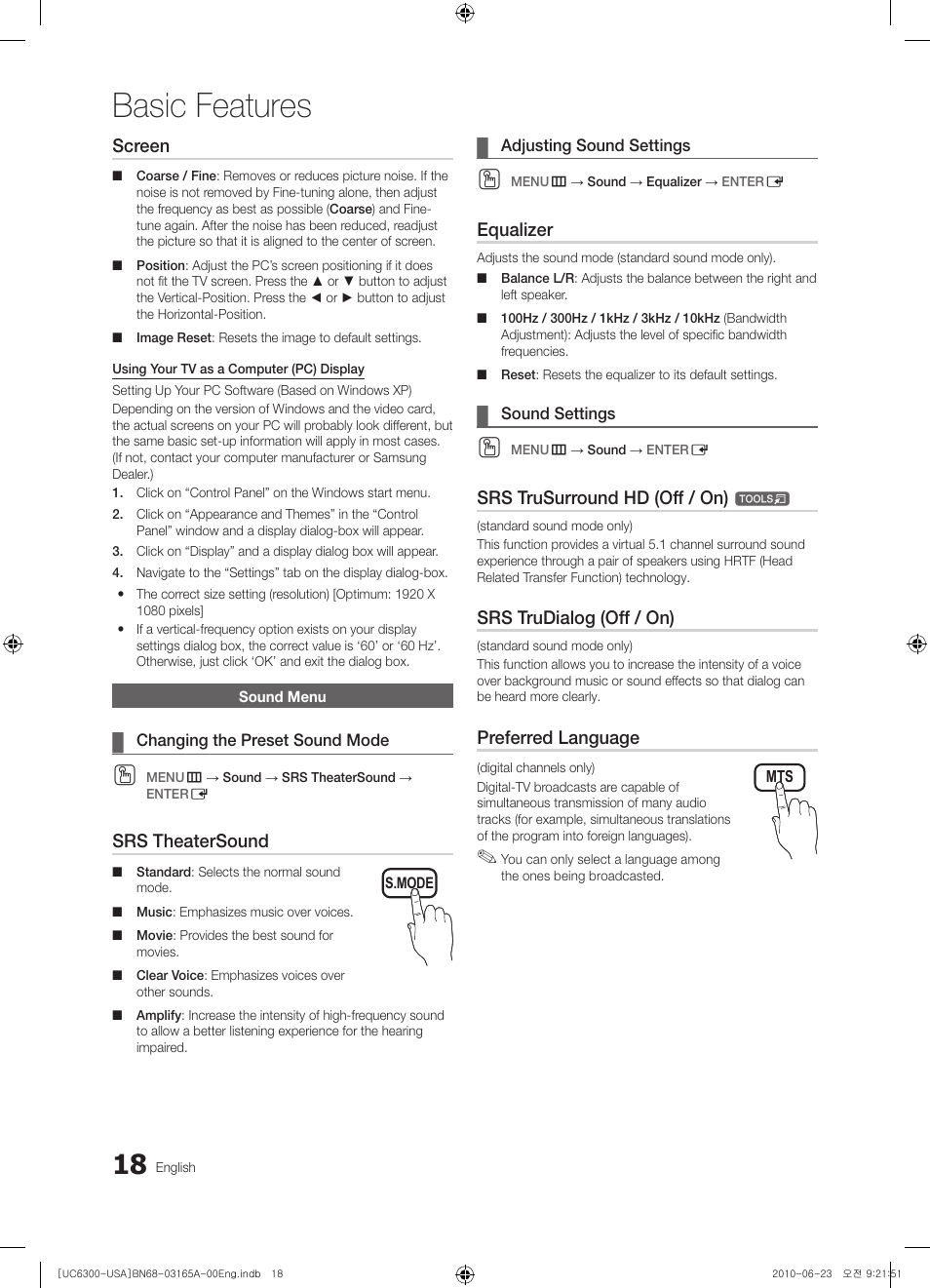 Sound menu, Changing the preset sound mode, Adjusting sound settings | Sound settings, Basic features, Screen, Srs theatersound, Equalizer, Srs trusurround hd (off / on), Srs trudialog (off / on) | Samsung UN55C6300SFXZA User Manual | Page 18 / 54