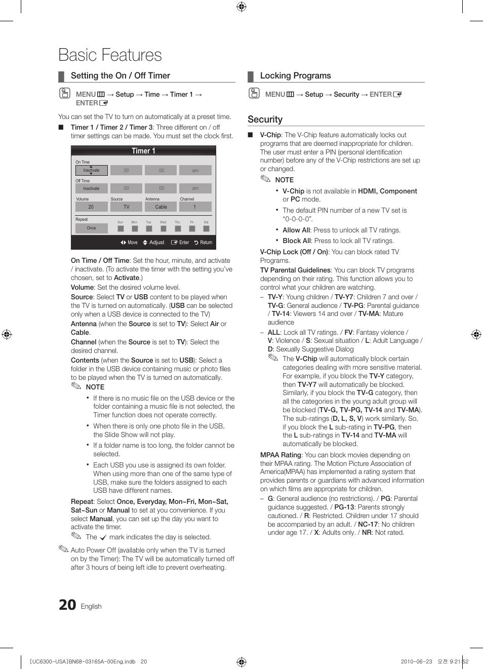 Setting the on / off timer, Locking programs, Basic features | Security | Samsung UN55C6300SFXZA User Manual | Page 20 / 54