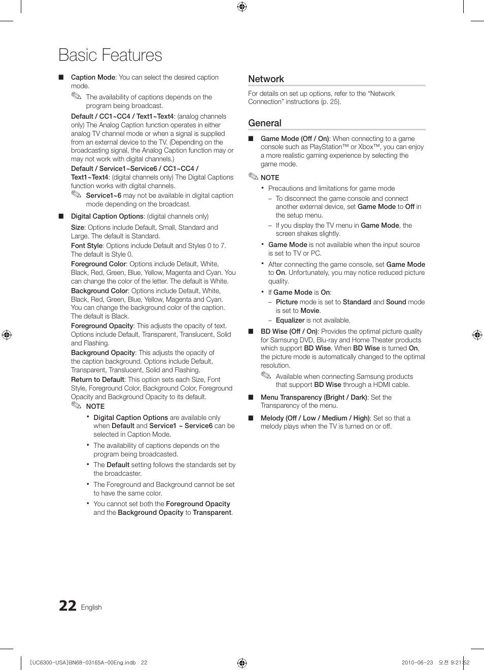 Basic features | Samsung UN55C6300SFXZA User Manual | Page 22 / 54