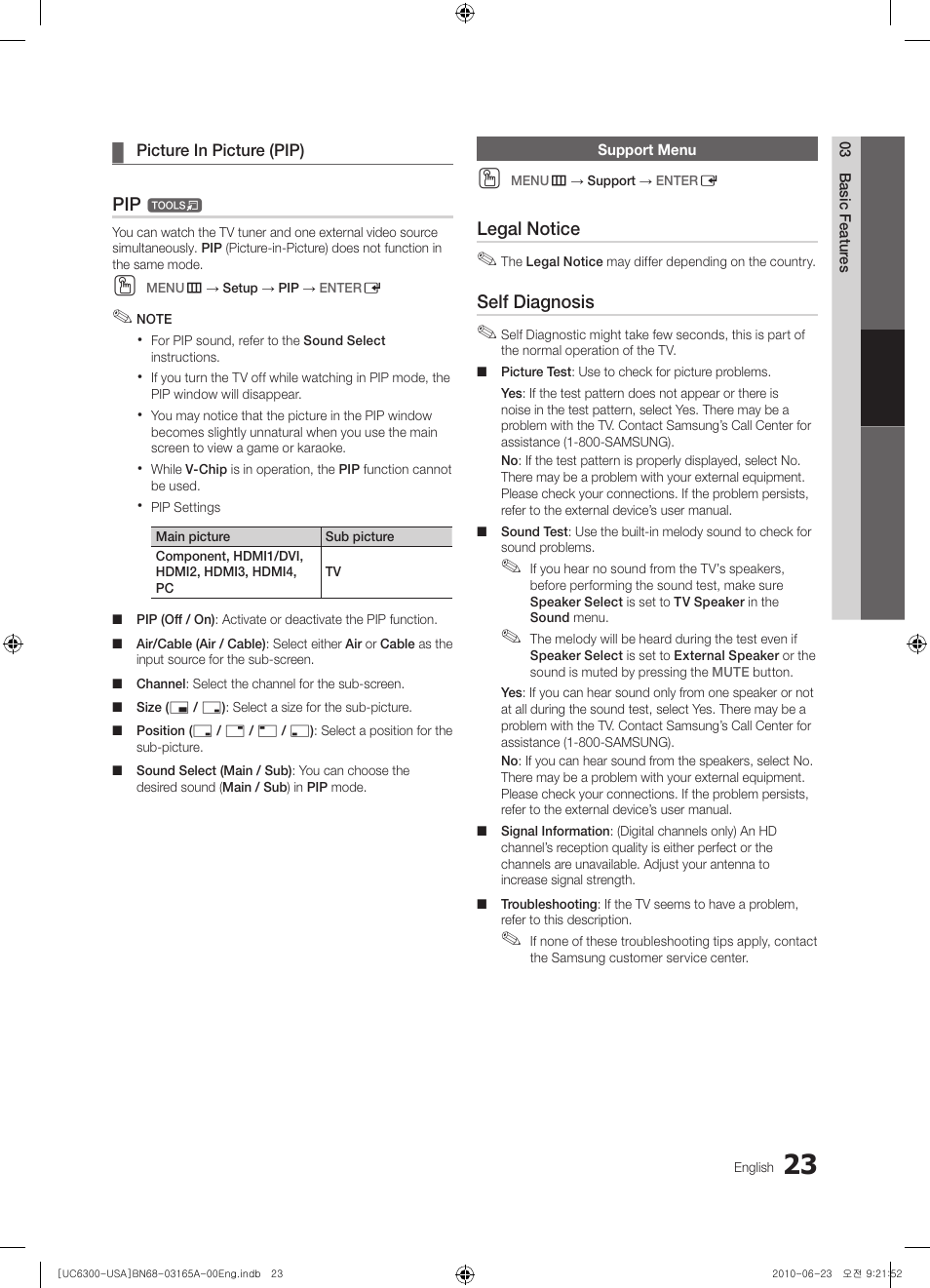 Support menu, Picture in picture (pip), Advanced features | Samsung UN55C6300SFXZA User Manual | Page 23 / 54