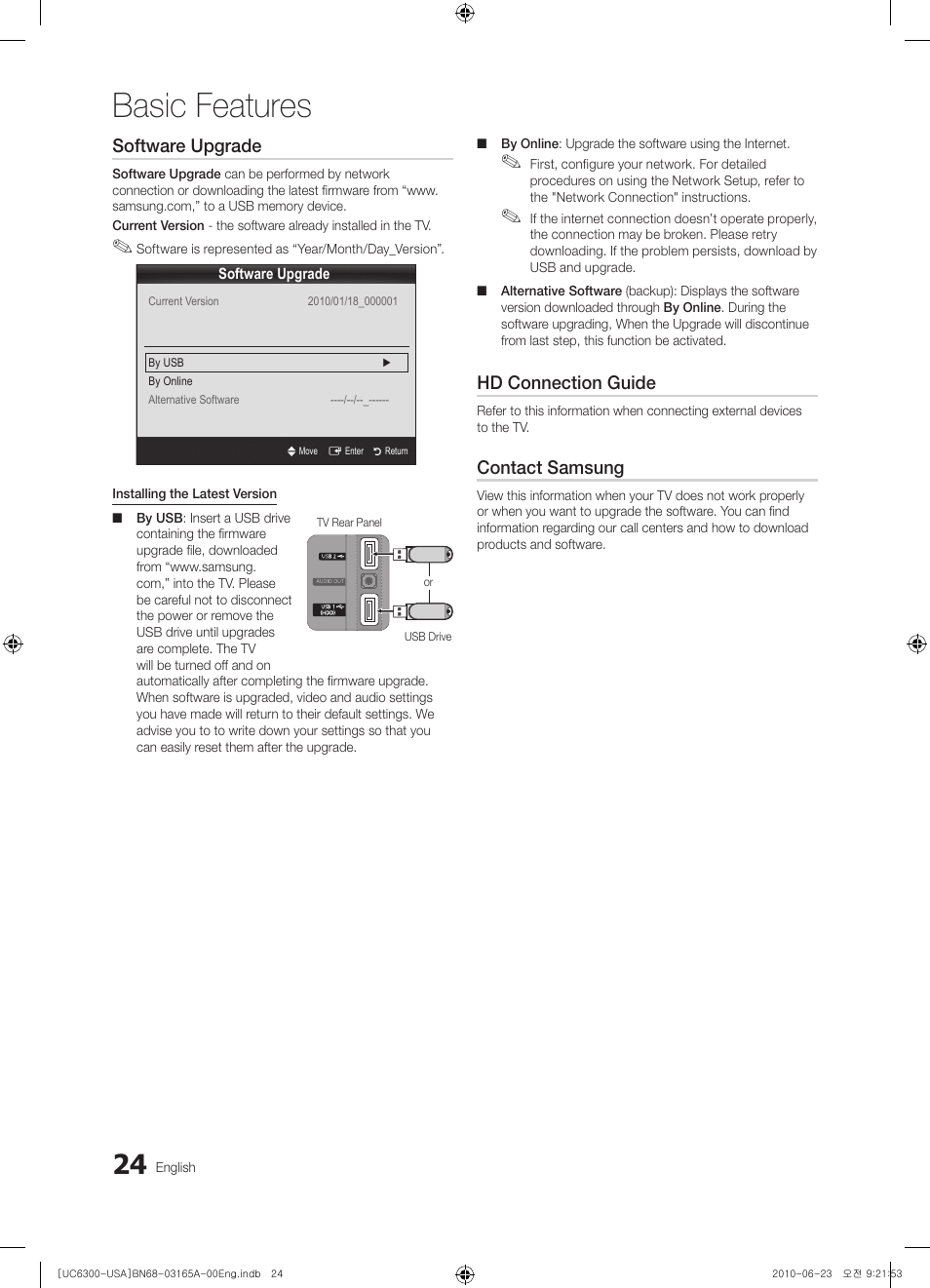 Basic features, Software upgrade, Hd connection guide | Contact samsung | Samsung UN55C6300SFXZA User Manual | Page 24 / 54