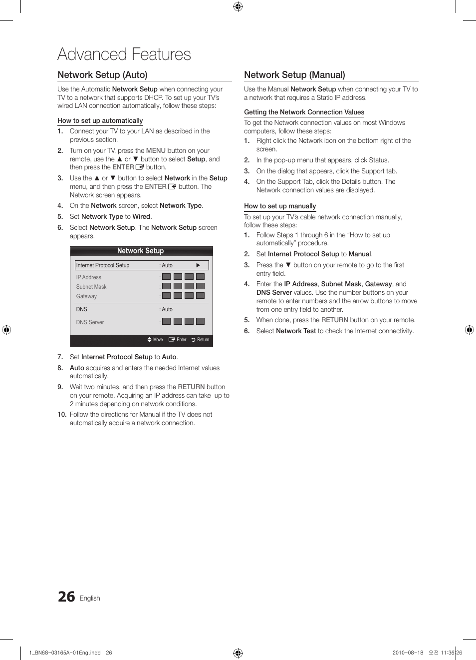 Advanced features, Network setup (auto), Network setup (manual) | Samsung UN55C6300SFXZA User Manual | Page 26 / 54