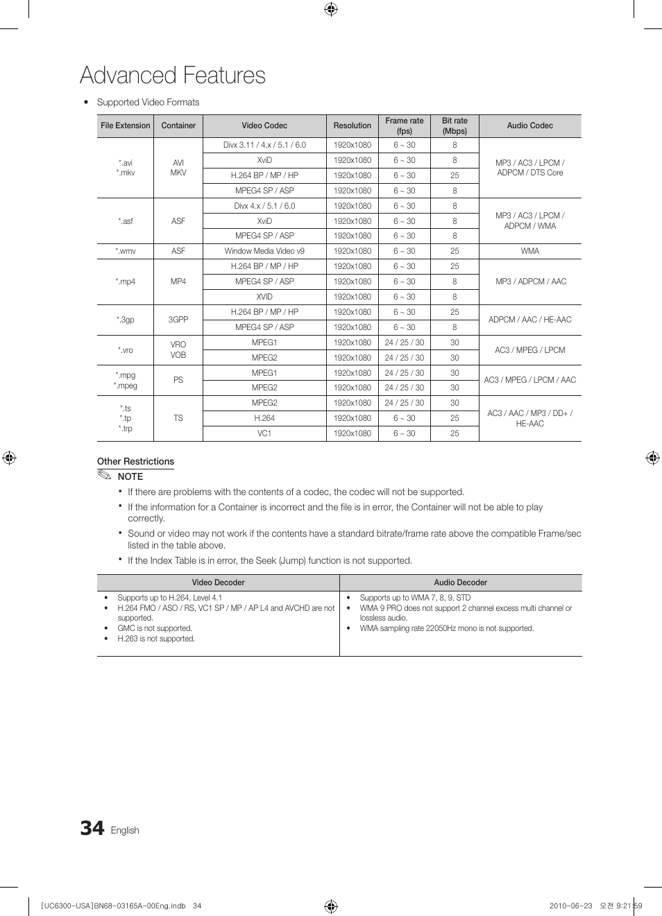 Advanced features | Samsung UN55C6300SFXZA User Manual | Page 34 / 54