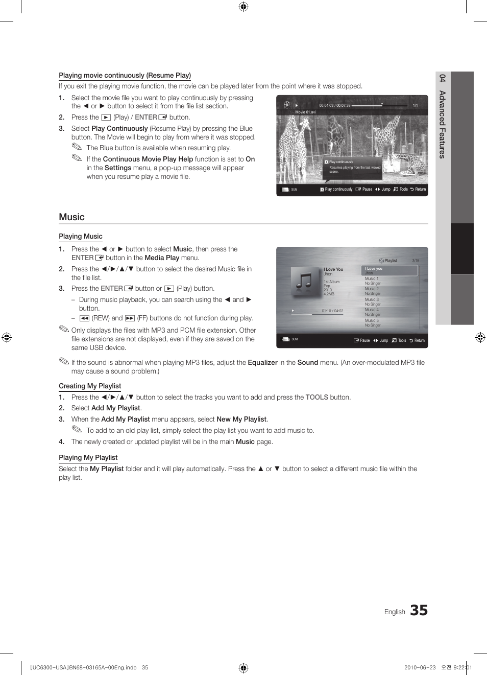 Music | Samsung UN55C6300SFXZA User Manual | Page 35 / 54