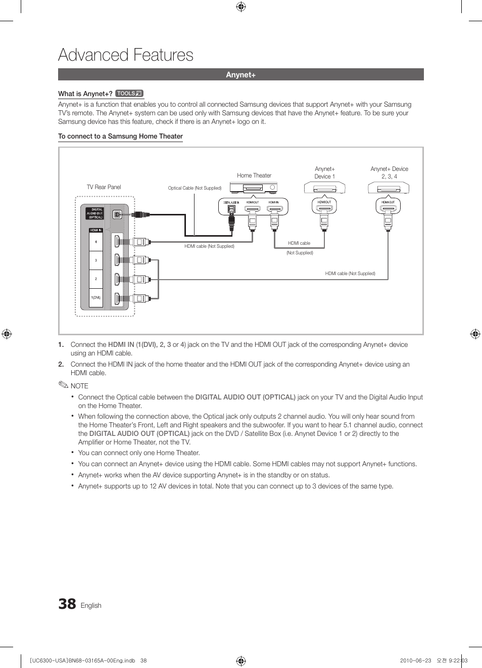 Anynet, Switching between anynet+ devices, Advanced features | Samsung UN55C6300SFXZA User Manual | Page 38 / 54