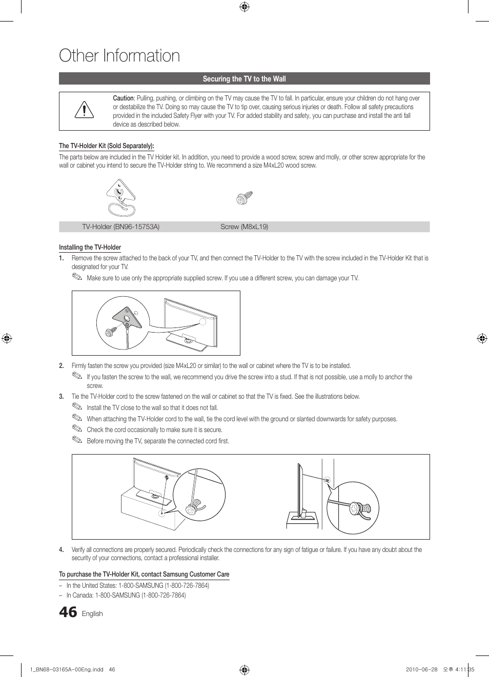 Securing the tv to the wall, Storage and maintenance, Other information | Samsung UN55C6300SFXZA User Manual | Page 46 / 54