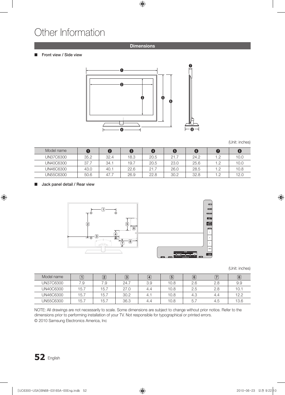 Dimensions, Index, Other information | Samsung UN55C6300SFXZA User Manual | Page 52 / 54