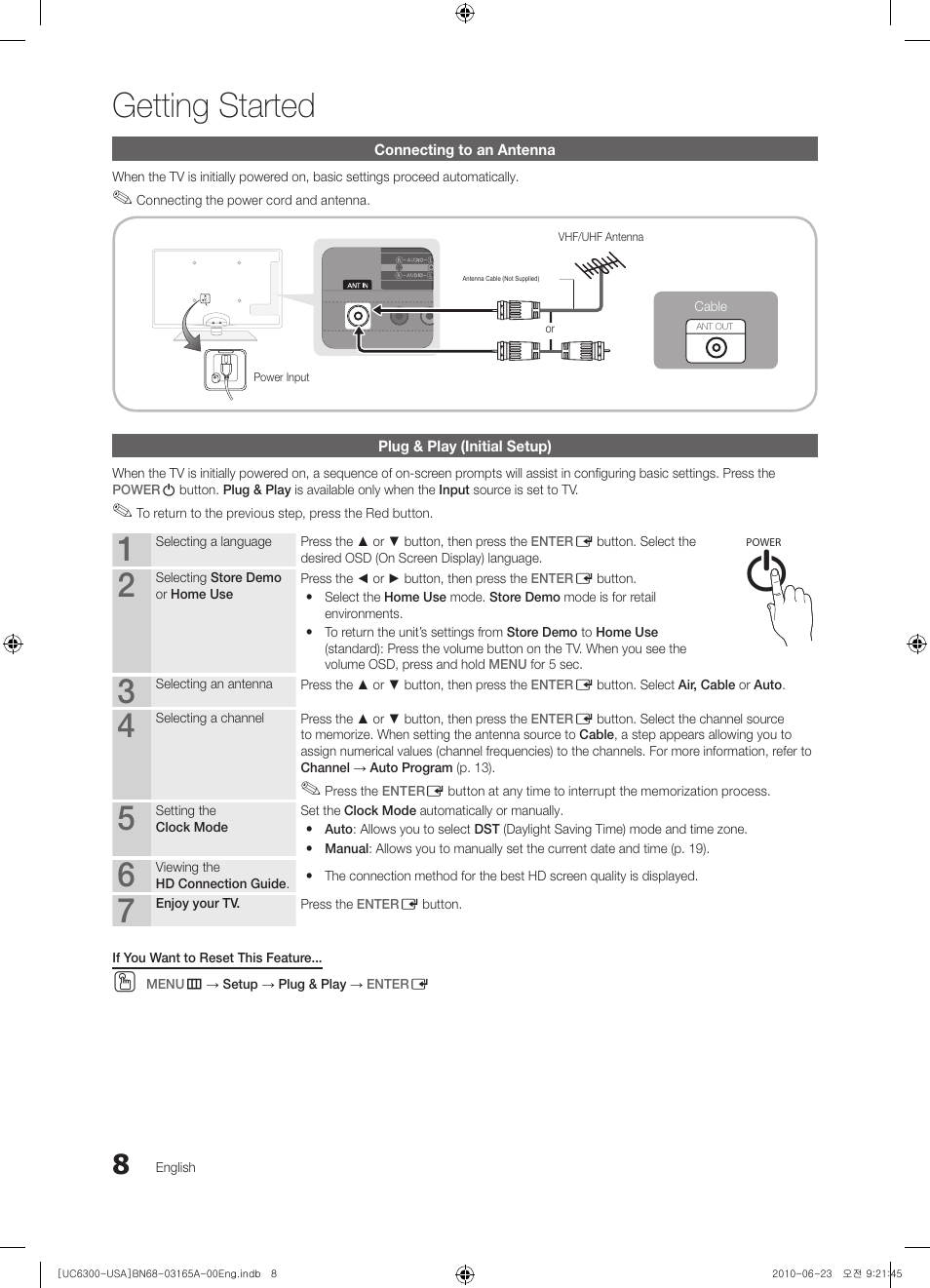 Connecting to an antenna, Plug & play (initial setup), Getting started | Samsung UN55C6300SFXZA User Manual | Page 8 / 54