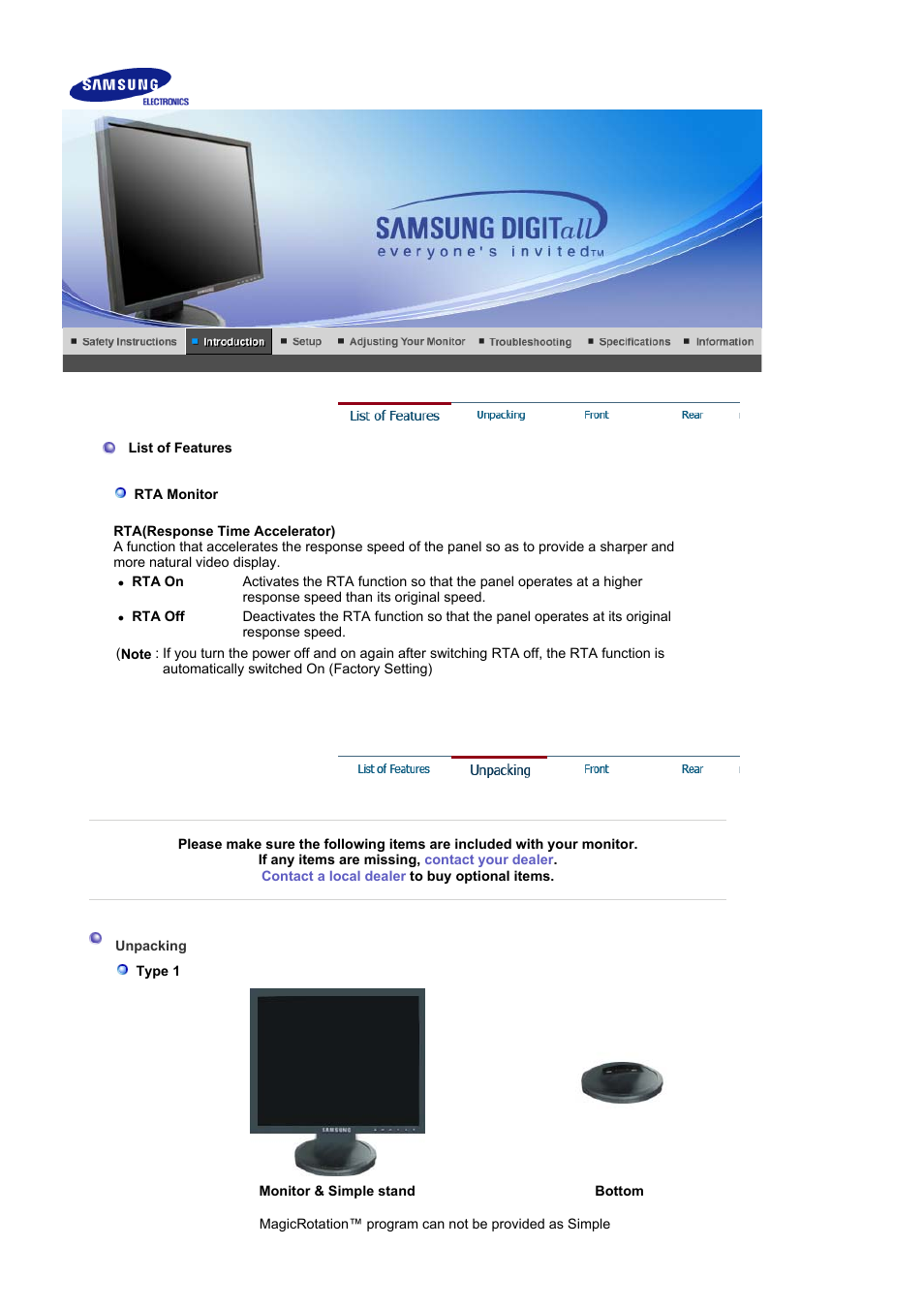 Introduction, List of features, Unpacking | Samsung LS17HADKBV-XAA User Manual | Page 10 / 77