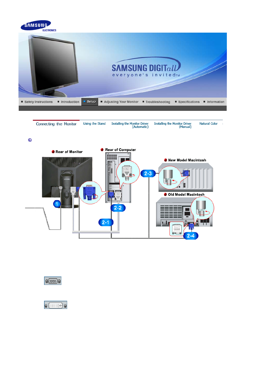 Setup, Connecting the monitor, Using the stand | Samsung LS17HADKBV-XAA User Manual | Page 14 / 77