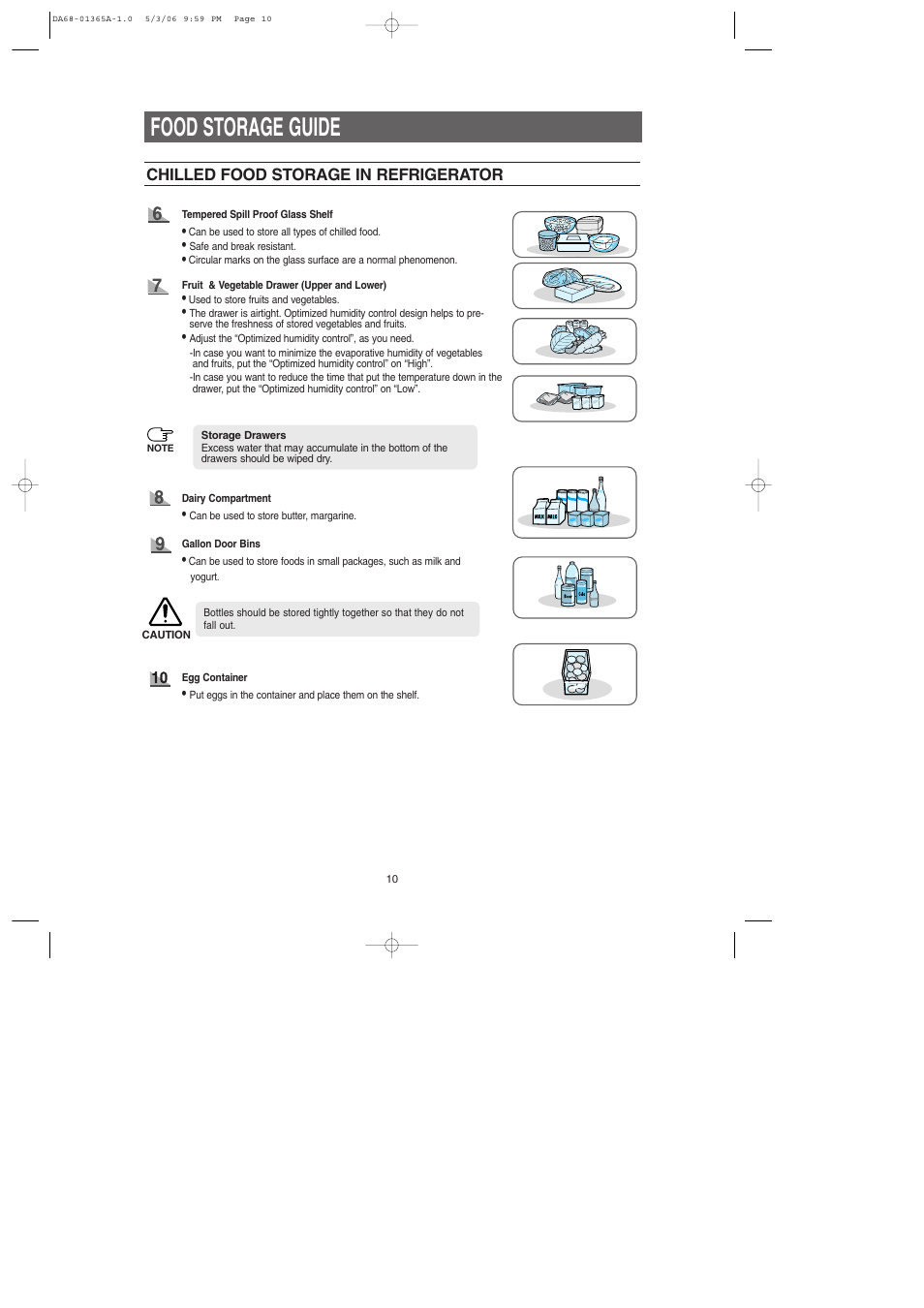 Food storage guide, Chilled food storage in refrigerator | Samsung RS2630SH-XAA User Manual | Page 10 / 30