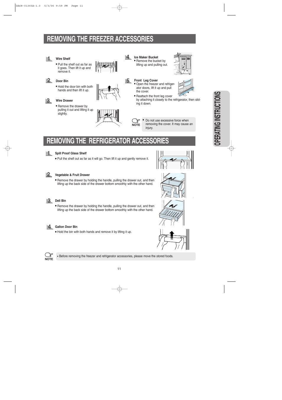 Removing the freezer accessories, Removing the refrigerator accessories, Opera ting instructions | Samsung RS2630SH-XAA User Manual | Page 11 / 30