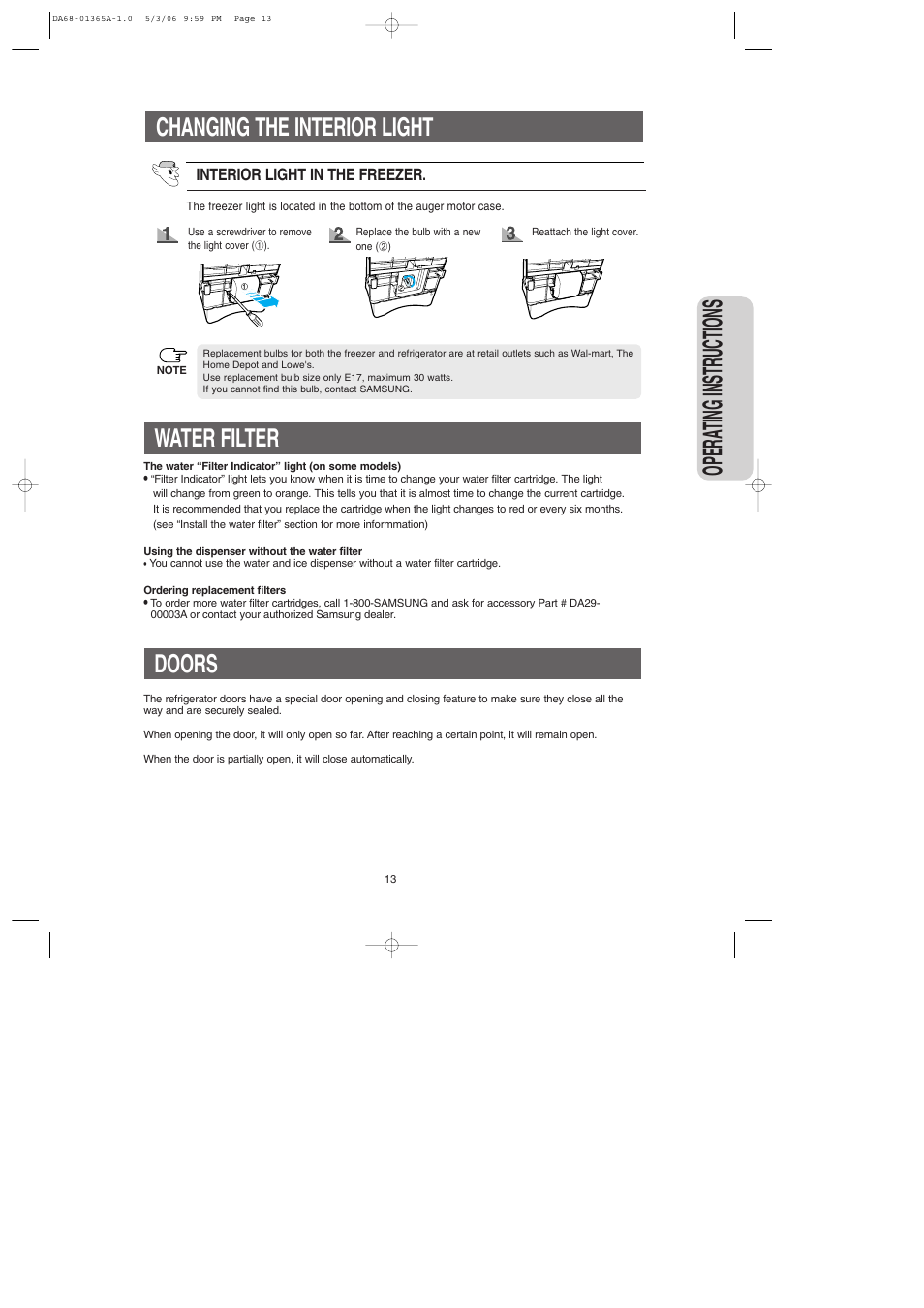 Water filter, Doors, Opera ting instructions | Changing the interior light | Samsung RS2630SH-XAA User Manual | Page 13 / 30