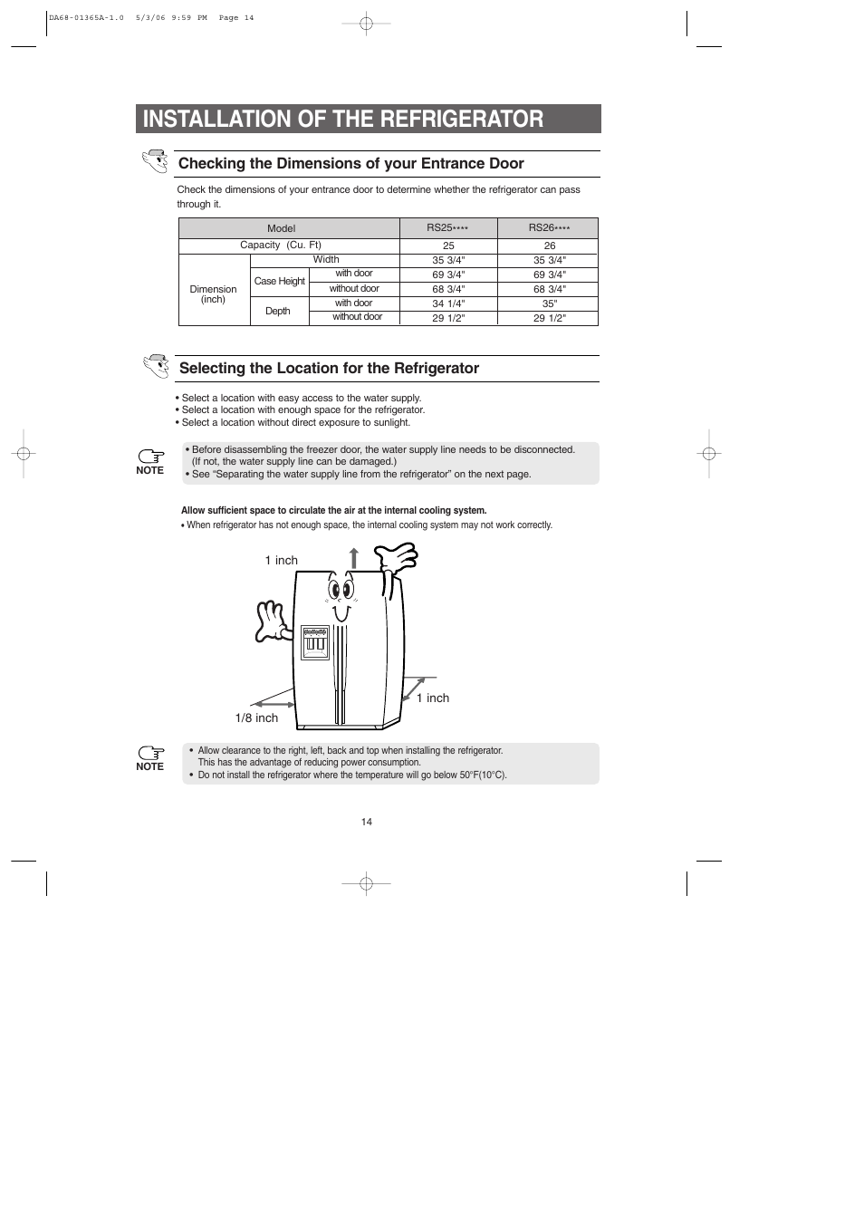 Installation of the refrigerator, Checking the dimensions of your entrance door, Selecting the location for the refrigerator | Samsung RS2630SH-XAA User Manual | Page 14 / 30