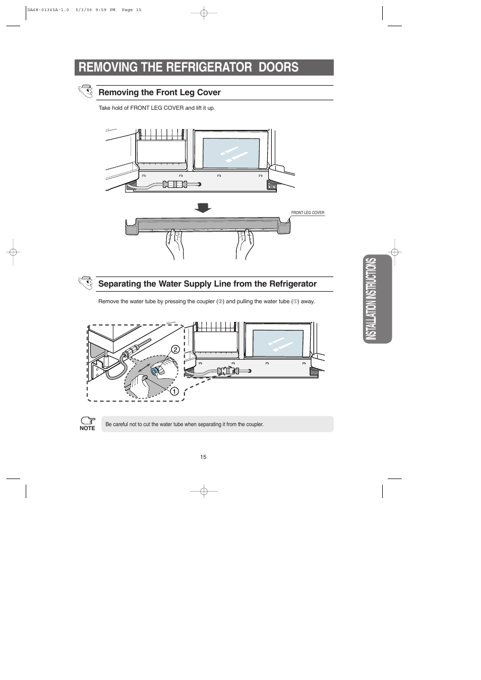 Removing the refrigerator doors, Inst alla tion instructions | Samsung RS2630SH-XAA User Manual | Page 15 / 30