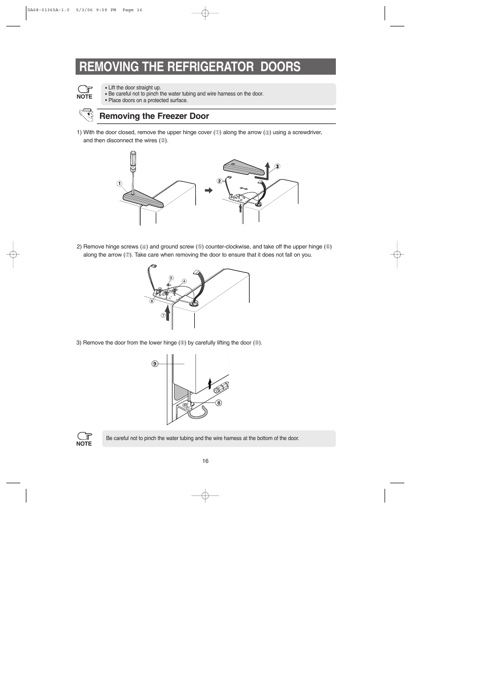 Removing the refrigerator doors, Removing the freezer door | Samsung RS2630SH-XAA User Manual | Page 16 / 30