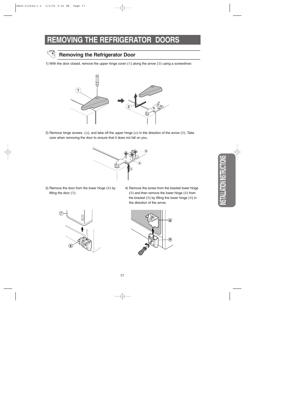 Inst alla tion instructions, Removing the refrigerator doors | Samsung RS2630SH-XAA User Manual | Page 17 / 30