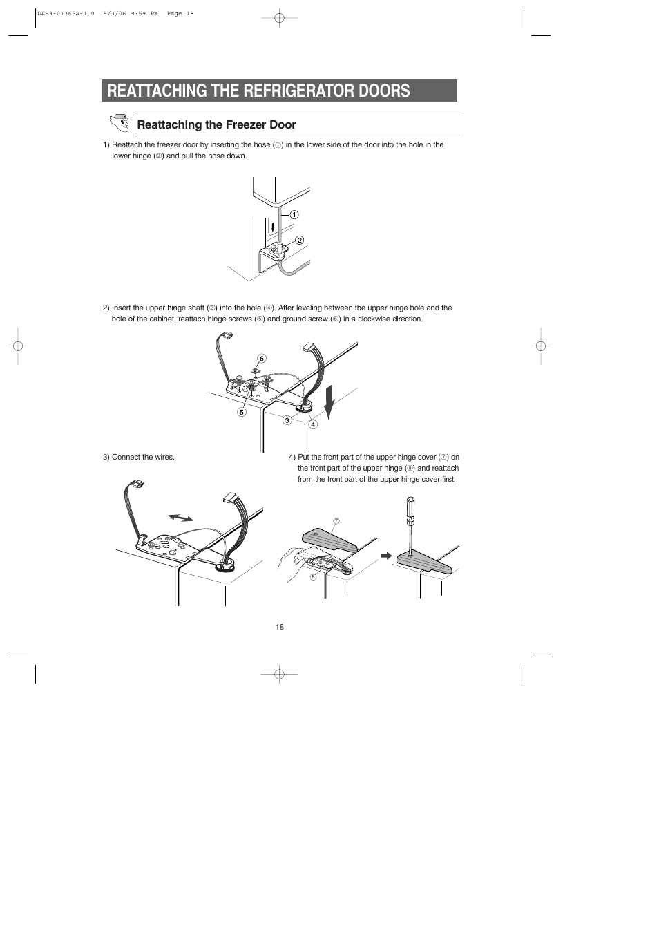 Reattaching the refrigerator doors, Reattaching the freezer door | Samsung RS2630SH-XAA User Manual | Page 18 / 30