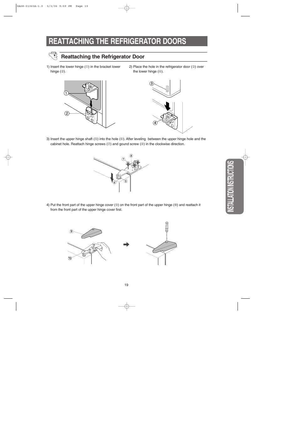 Inst alla tion instructions, Reattaching the refrigerator doors | Samsung RS2630SH-XAA User Manual | Page 19 / 30