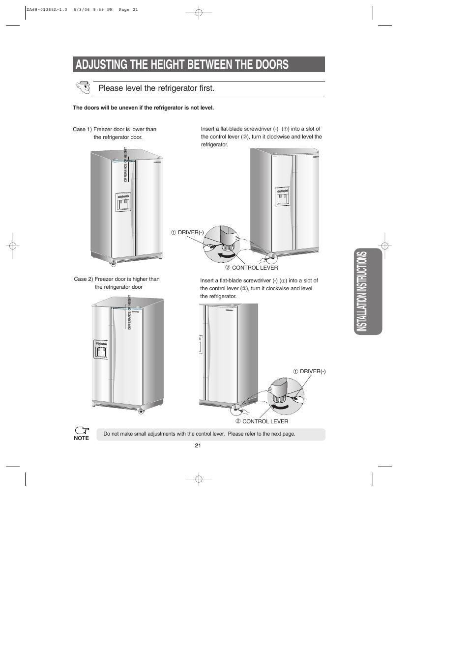 Adjusting the height between the doors, Inst alla tion instructions | Samsung RS2630SH-XAA User Manual | Page 21 / 30