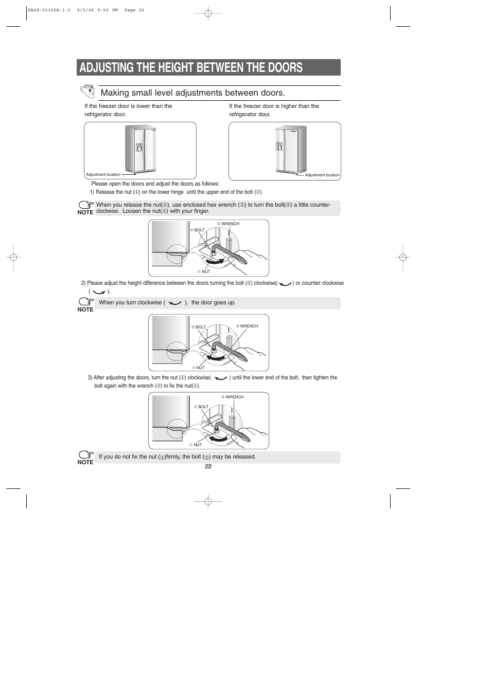 Adjusting the height between the doors, Making small level adjustments between doors | Samsung RS2630SH-XAA User Manual | Page 22 / 30