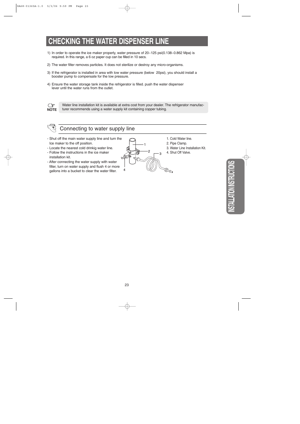 Checking the water dispenser line, Inst alla tion instructions | Samsung RS2630SH-XAA User Manual | Page 23 / 30