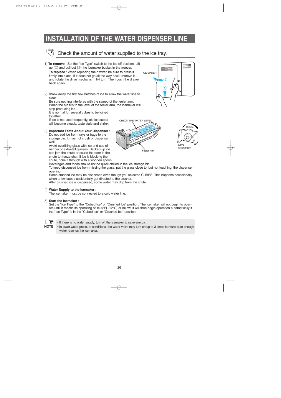 Installation of the water dispenser line, Check the amount of water supplied to the ice tray | Samsung RS2630SH-XAA User Manual | Page 26 / 30