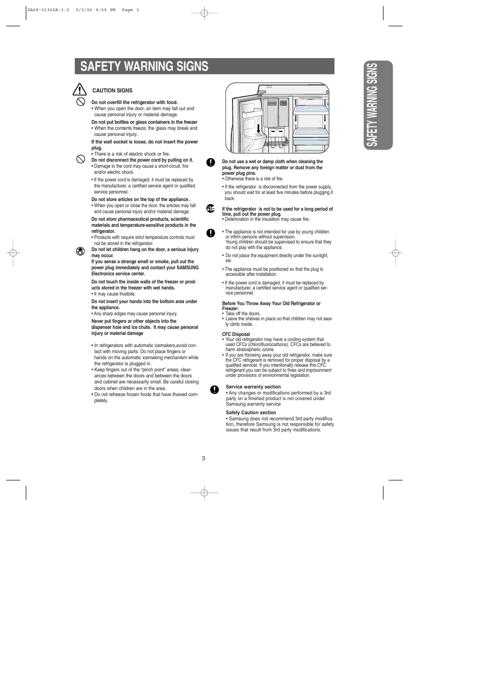 Safety warning signs | Samsung RS2630SH-XAA User Manual | Page 3 / 30