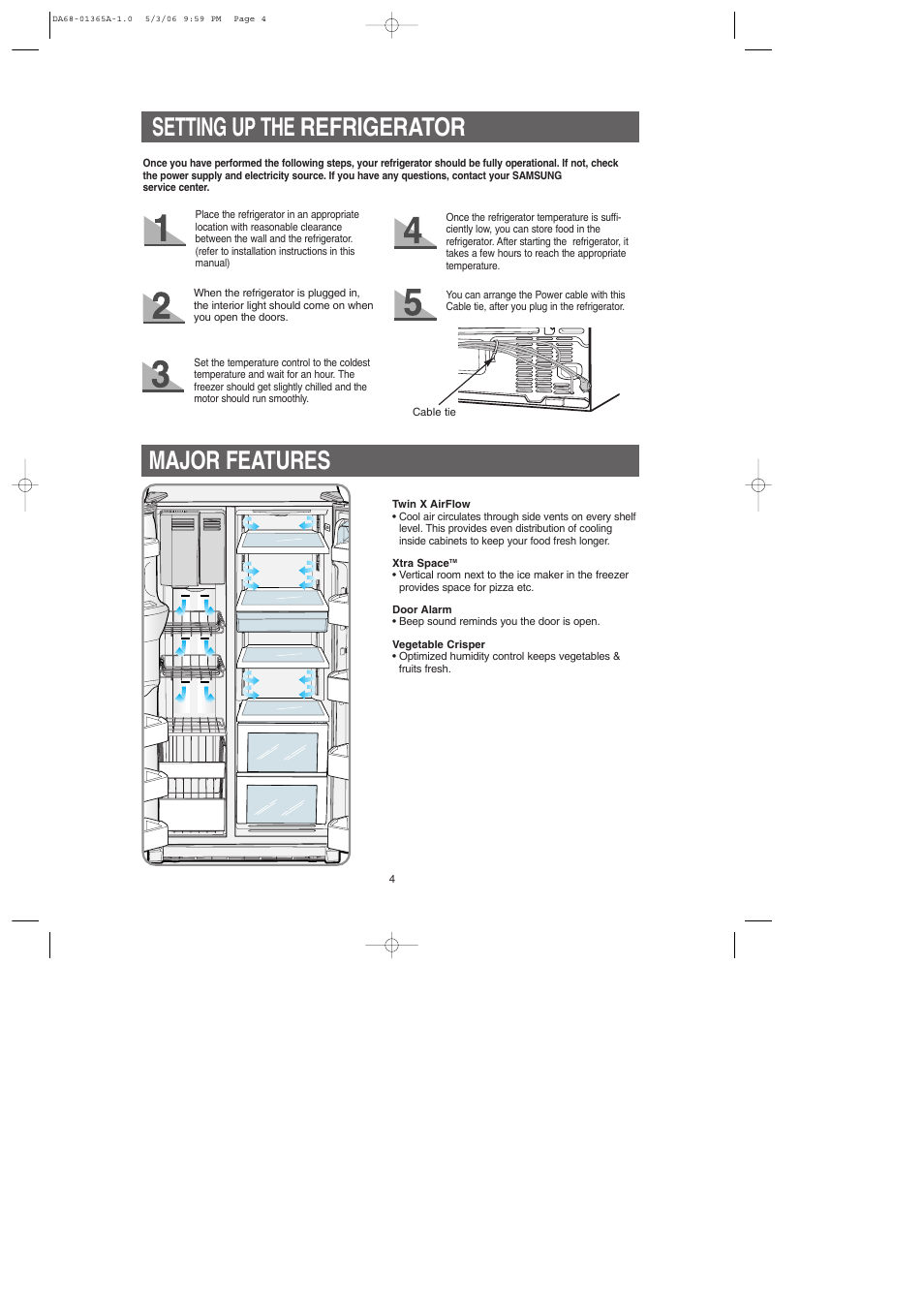 Setting up the refrigerator, Major features, Setting up the refrigerator major features | Samsung RS2630SH-XAA User Manual | Page 4 / 30