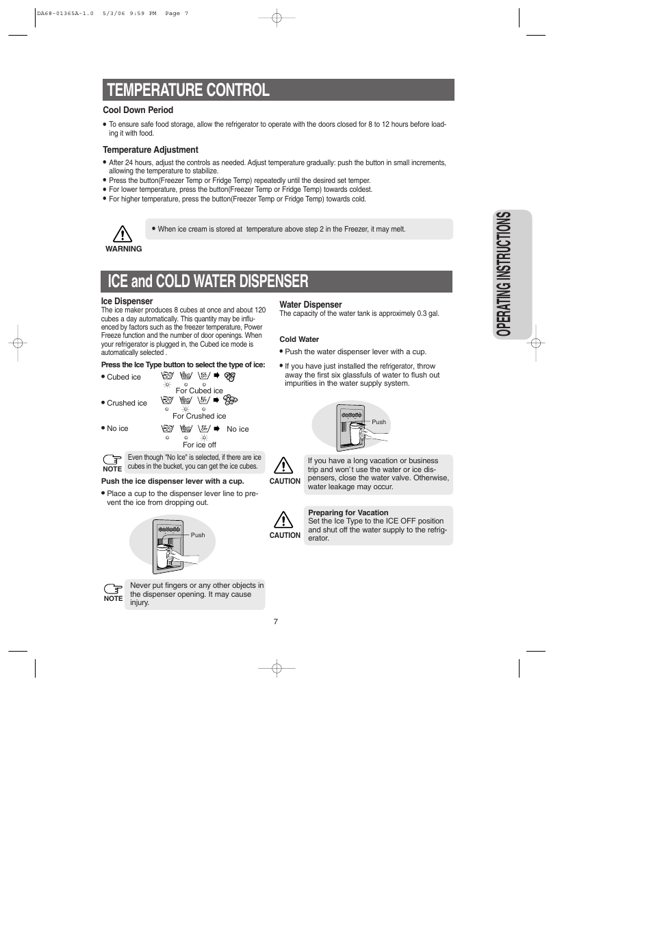 Temperature control, Ice and cold water dispenser, Opera ting instructions | Samsung RS2630SH-XAA User Manual | Page 7 / 30