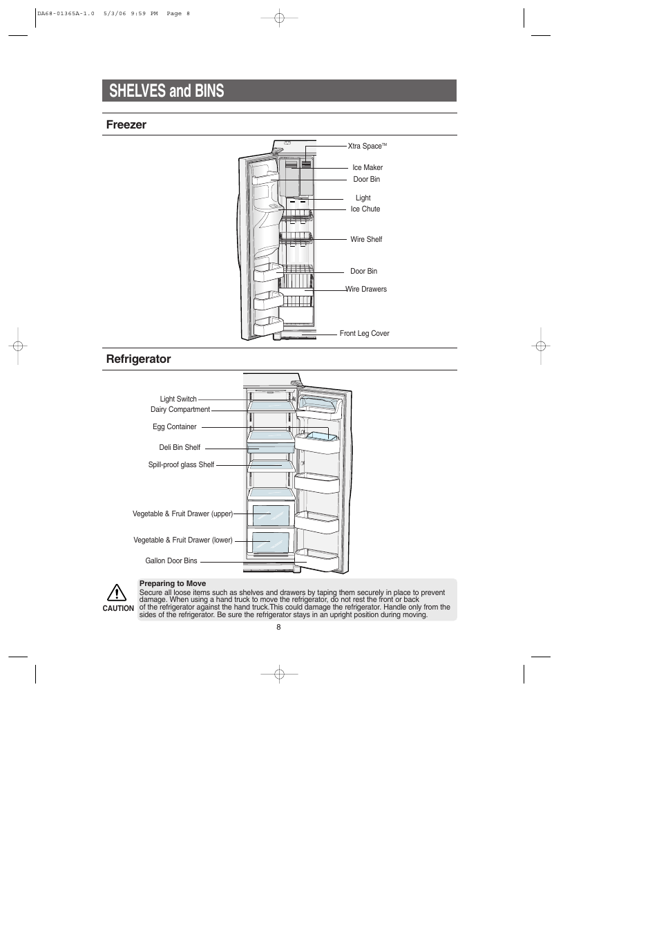 Shelves and bins, Freezer, Refrigerator | Samsung RS2630SH-XAA User Manual | Page 8 / 30