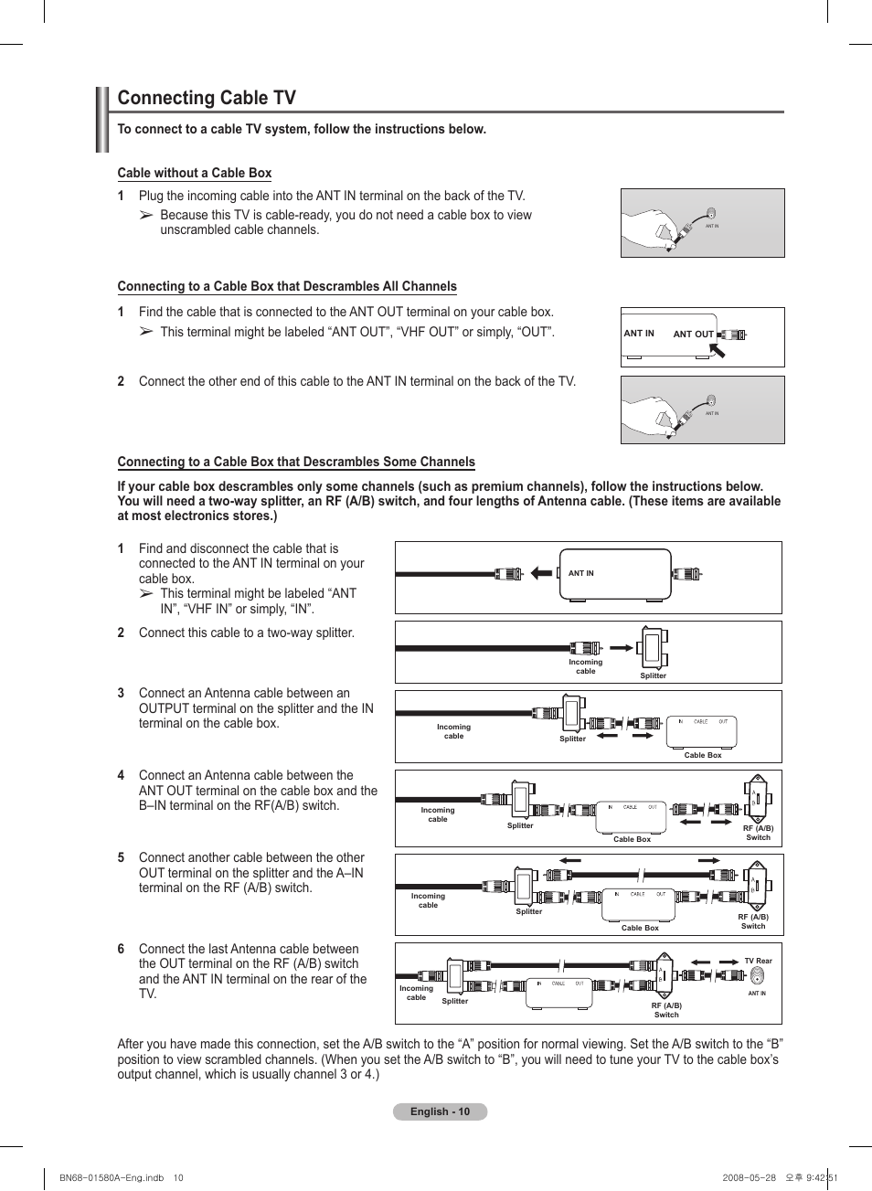 Connecting cable tv | Samsung PN50A510P3FXZA User Manual | Page 10 / 162