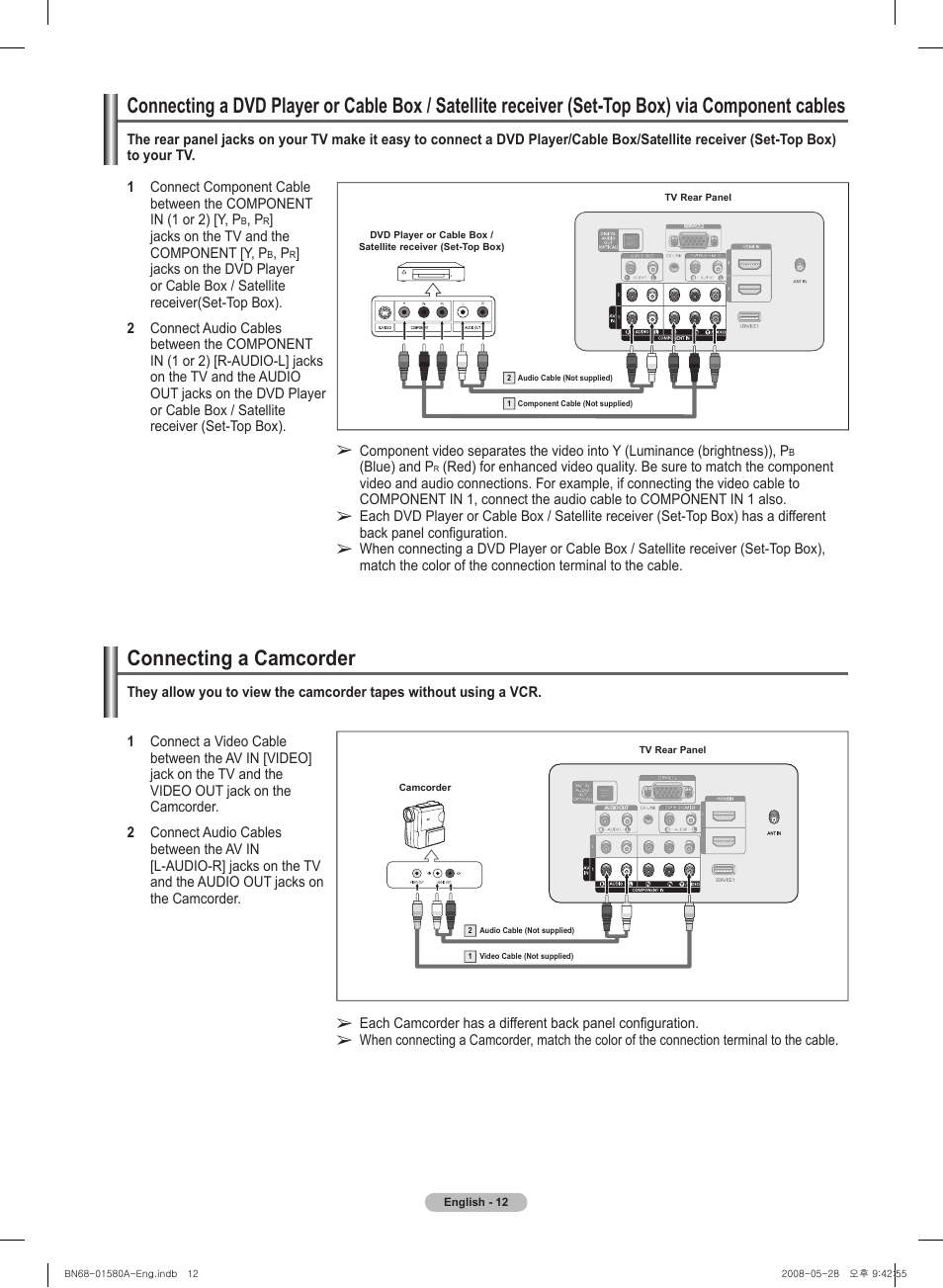 Connecting a camcorder | Samsung PN50A510P3FXZA User Manual | Page 12 / 162