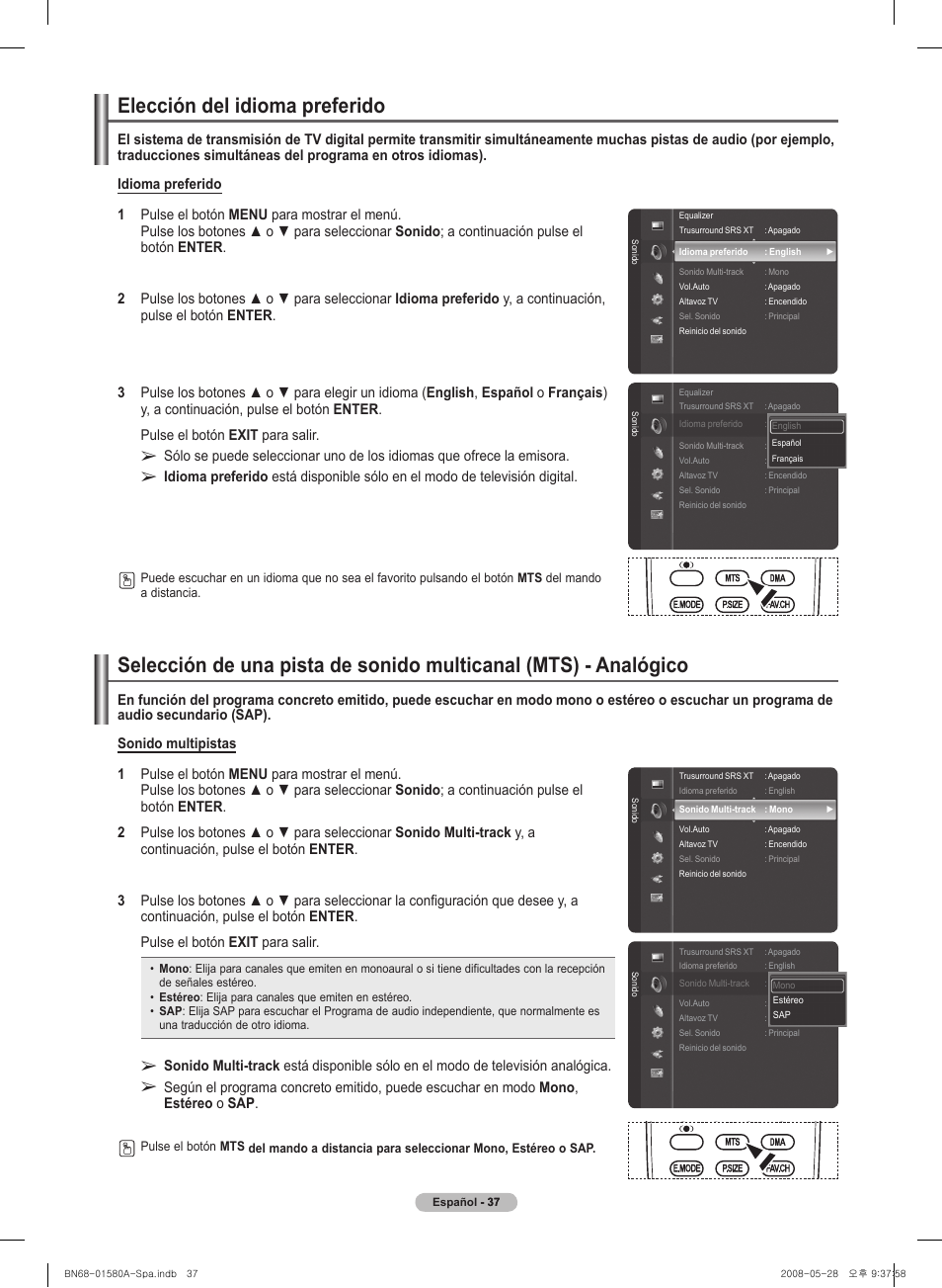 El�ección del� idioma preferido | Samsung PN50A510P3FXZA User Manual | Page 121 / 162