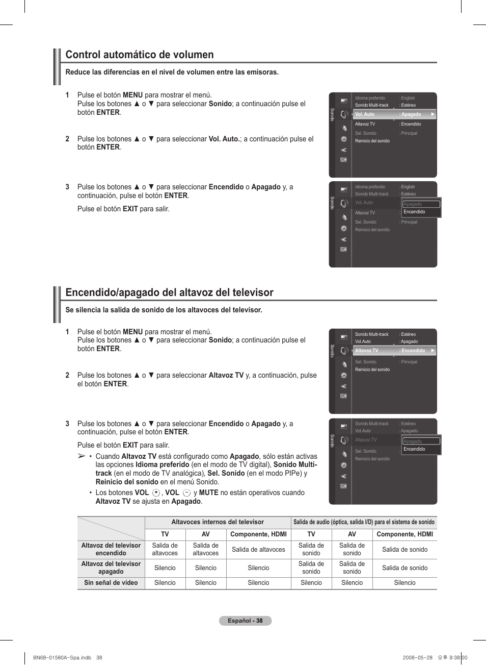 Control� automático de vol�umen, Encendido/apagado del� al�tavoz del� tel�evisor | Samsung PN50A510P3FXZA User Manual | Page 122 / 162