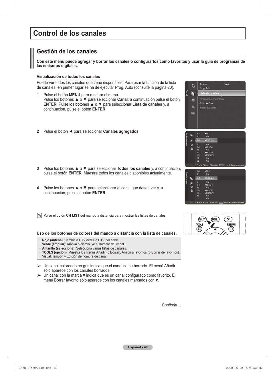 Control� de l�os canal�es, Gestión de l�os canal�es | Samsung PN50A510P3FXZA User Manual | Page 124 / 162