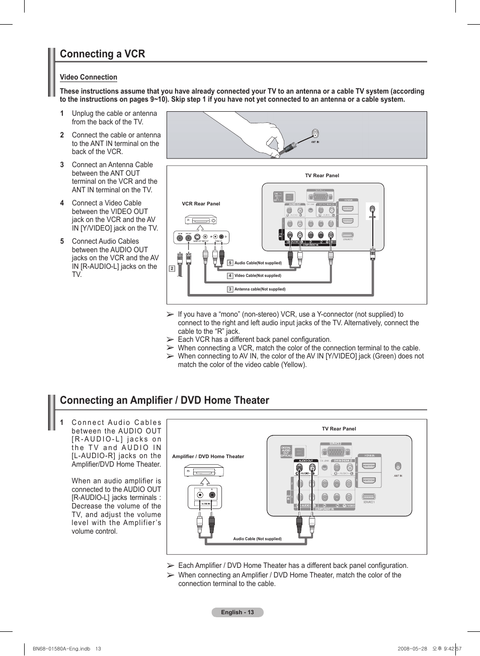 Connecting a vcr, Connecting an amplifier / dvd home theater | Samsung PN50A510P3FXZA User Manual | Page 13 / 162