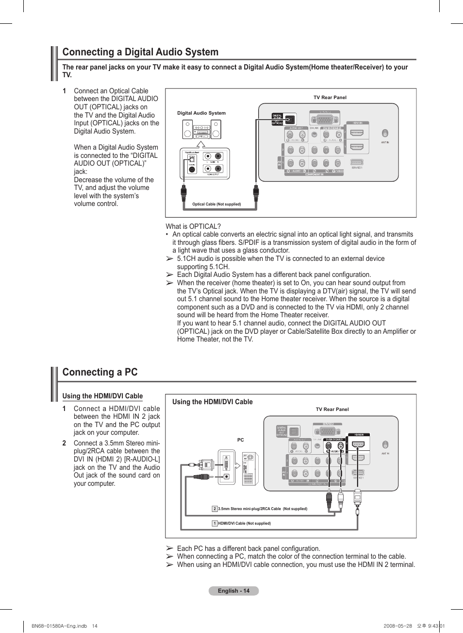 Connecting a digital audio system, Connecting a pc | Samsung PN50A510P3FXZA User Manual | Page 14 / 162