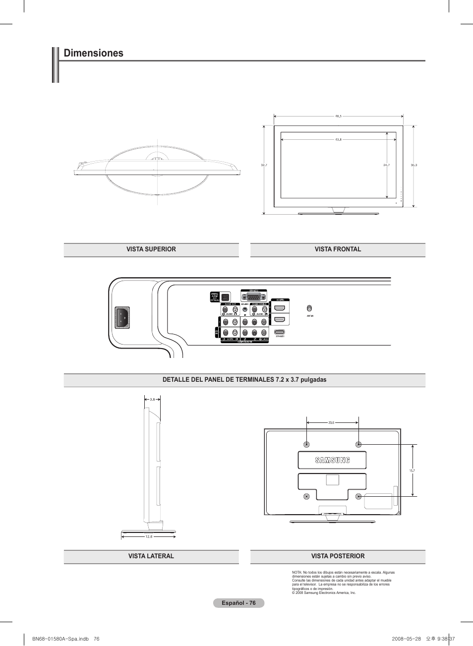 Esta página se ha dejado en blanco expresamente, Dimensiones | Samsung PN50A510P3FXZA User Manual | Page 160 / 162