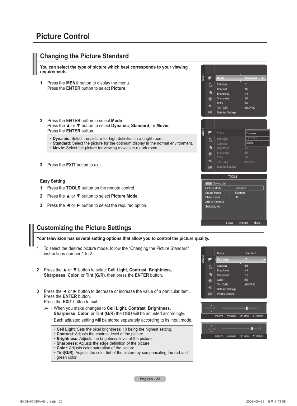 Picture control, Changing the picture standard, Customizing the picture settings | Samsung PN50A510P3FXZA User Manual | Page 22 / 162