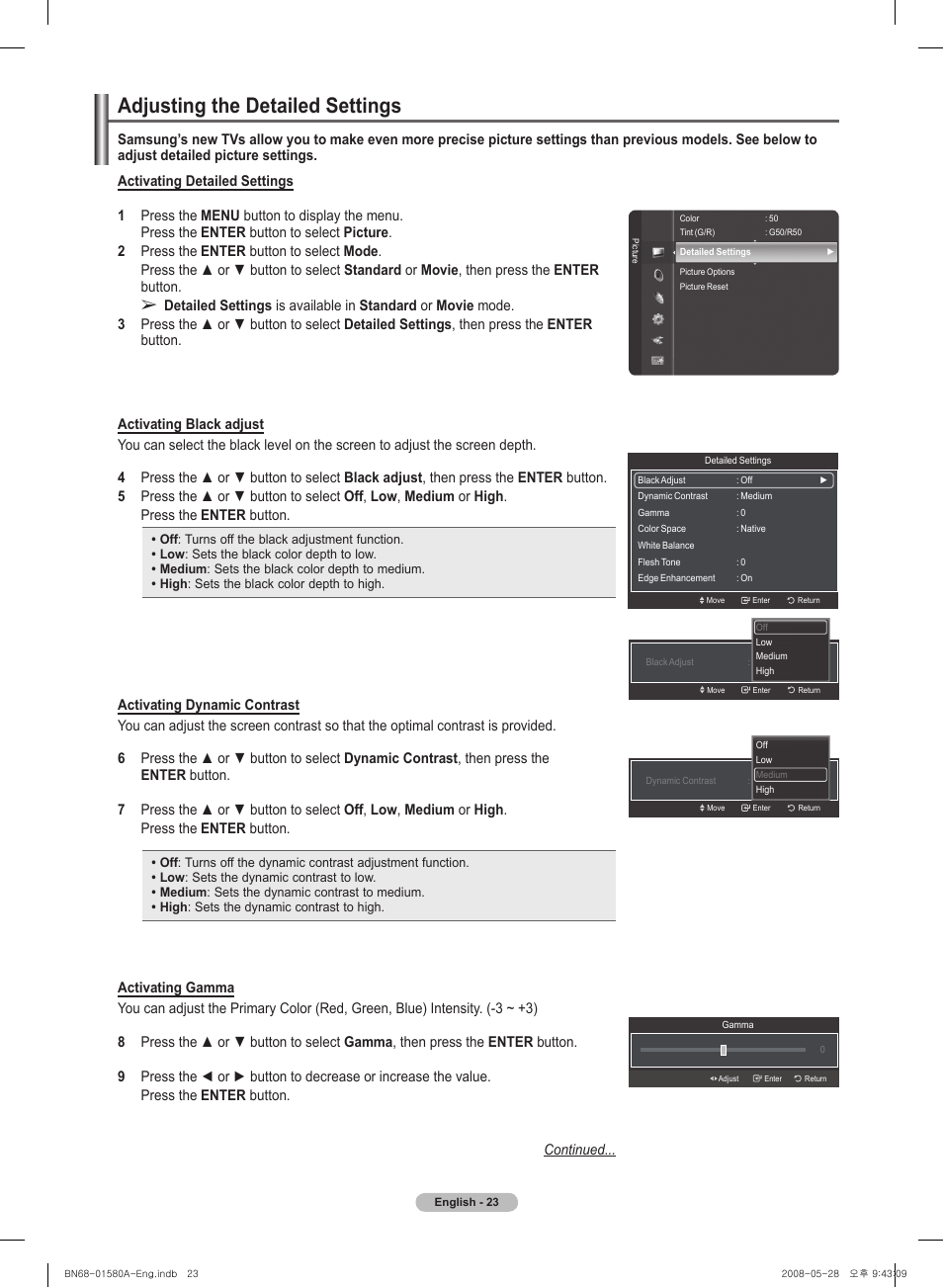 Adjusting the detailed settings | Samsung PN50A510P3FXZA User Manual | Page 23 / 162