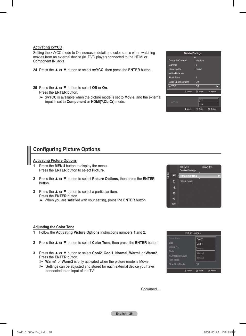 Configuring picture options | Samsung PN50A510P3FXZA User Manual | Page 26 / 162