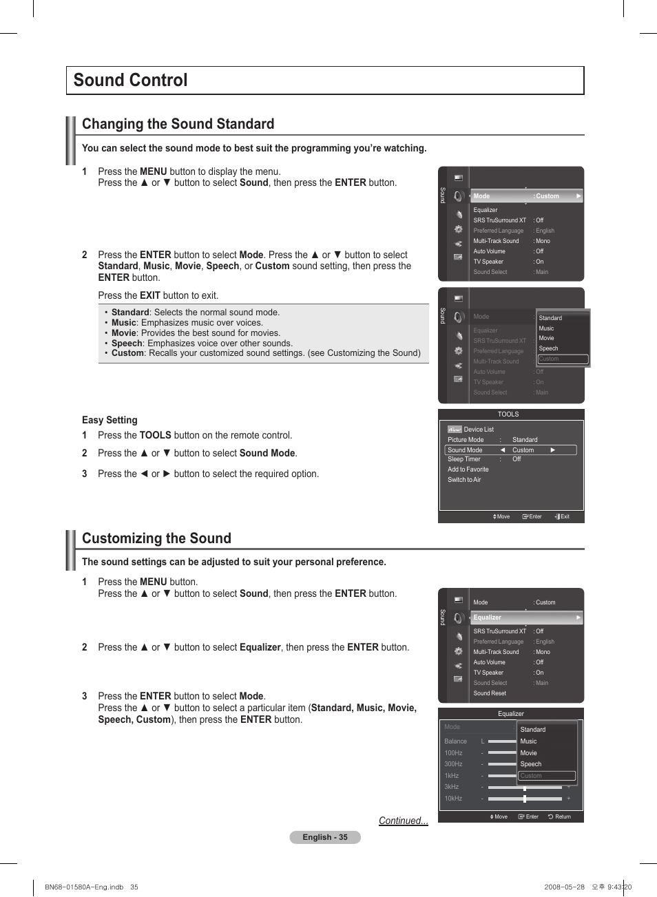 Sound control, Changing the sound standard, Customizing the sound | Samsung PN50A510P3FXZA User Manual | Page 35 / 162